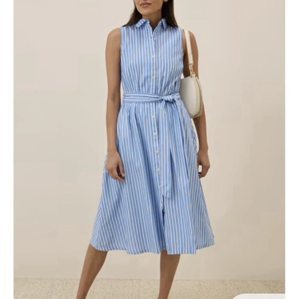 Pact Women L Sunset Lightweight Striped Blue Sleeveless Shirtdress w Pockets - Picture 1 of 9